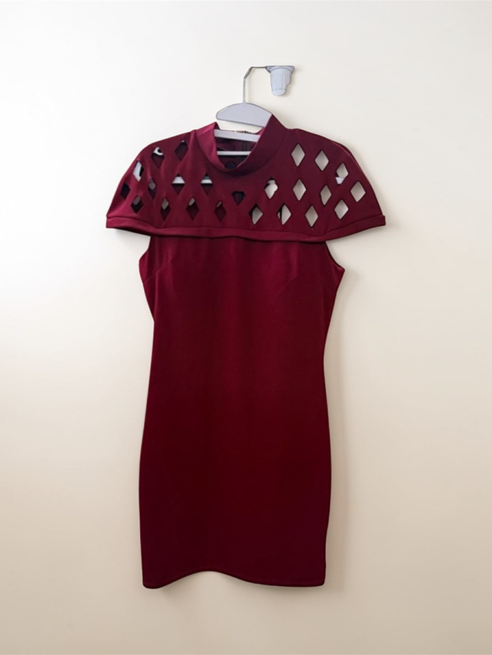 YNS Generic Burgundy Red Backless Sheath Dress with Cutout Capelet